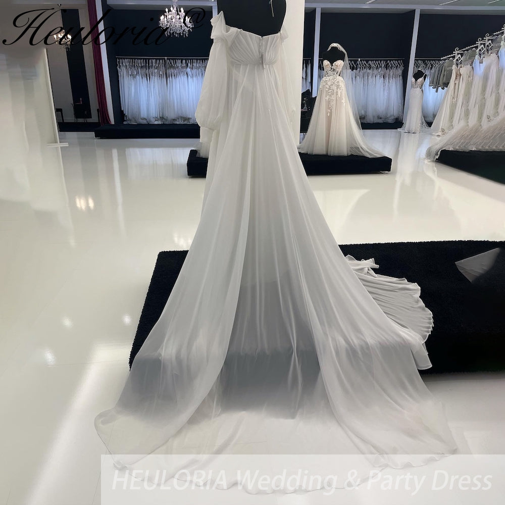 HEULORIA Off the Shoulder Chiffon Split Boho A Line Wedding Dress Long Puff Sleeve Appliques Beach Robe Vestido Civil AL-958