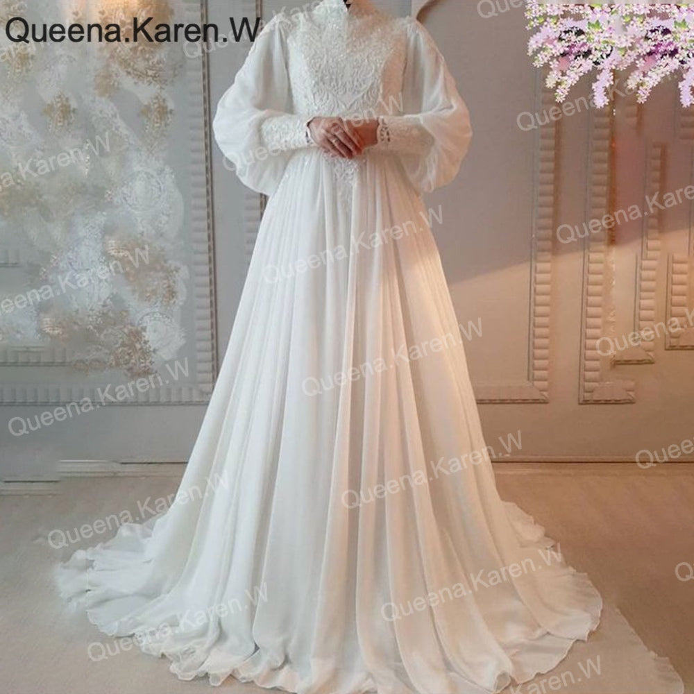 elegant heavy beading Muslim Wedding Dress long sleeve high neck bride dress plus size bride Wedding Gown AL-QK102 Main image