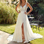 HEULORIA  elegant A line wedding dress Spaghetti Strap crepe lace chiffon bridal dress Robe De Mariee Wedding Bride Dress AL-QK45