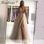 Elegant A-Line Evening Dress Sleeveless Tulle Dress Split Sequins Beading Sweep Train Wedding Guest Dress 2025 Free Customized