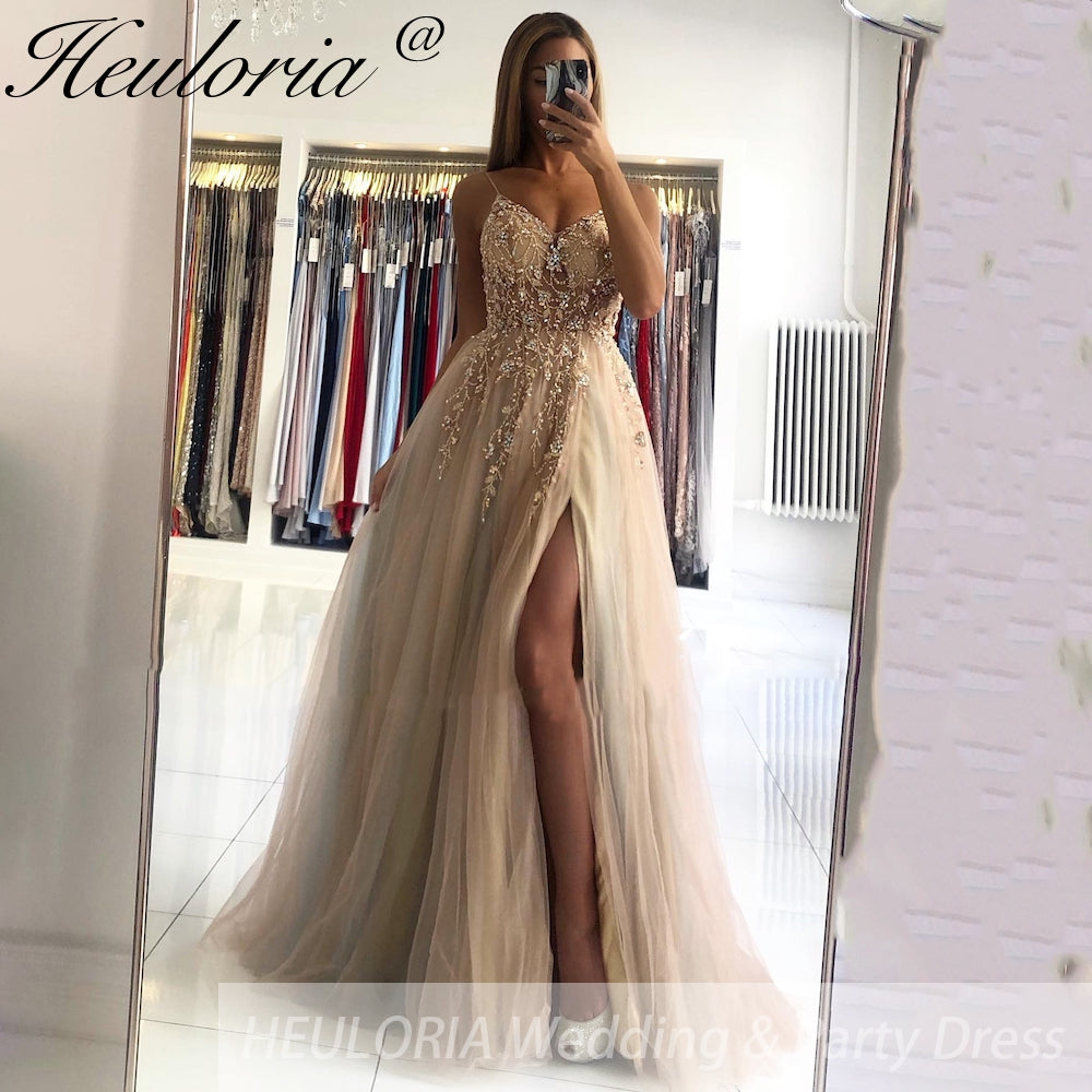 Elegant A-Line Evening Dress Sleeveless Tulle Dress Split Sequins Beading Sweep Train Wedding Guest Dress 2025 Free Customized