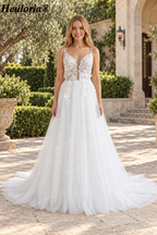3D Floral Lace Deep V A-Line Wedding Dress with Spaghetti Straps and Slit AL-1077