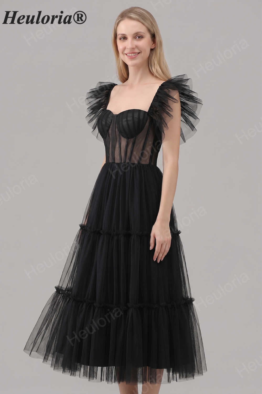 HEULORIA Gothic Romantic Black Tiered Tulle Midi Dress - Sheer Corset Bodice with Butterfly Ruffle Sleeves ED-683