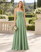 HEULORIA Dark Green Strapless Satin A-Line Bridesmaid Dress with Ruched Cutout Bodice – ED-265
