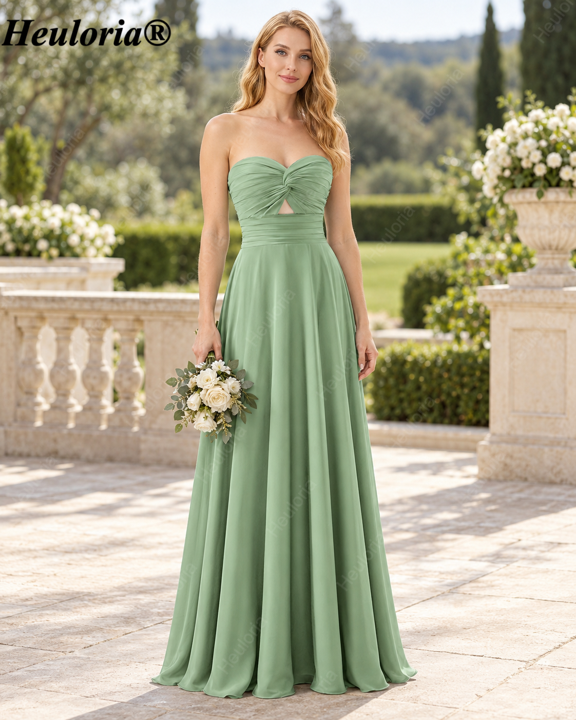 HEULORIA Dark Green Strapless Satin A-Line Bridesmaid Dress with Ruched Cutout Bodice – ED-265