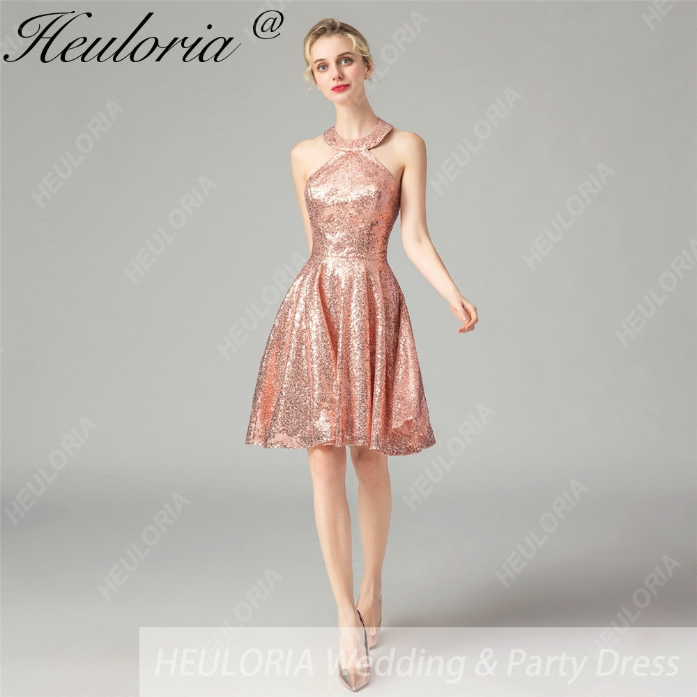 HEULORIA short evening dress halter neck sparky sequin tulle party dress formal dress ED-68