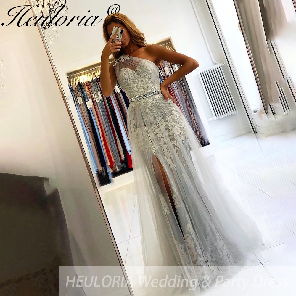 Customized Mermaid Prom Dress one shoulder lace Evening Dress Detachable Tulle Train Formal Party Gowns