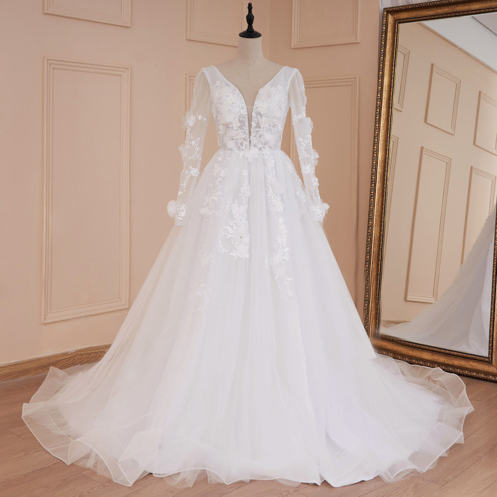 HEULORIA elegant A line wedding dress V neck long sleeve split lace beading bride dress Robe De Mariee Wedding Bride Dress AL-533