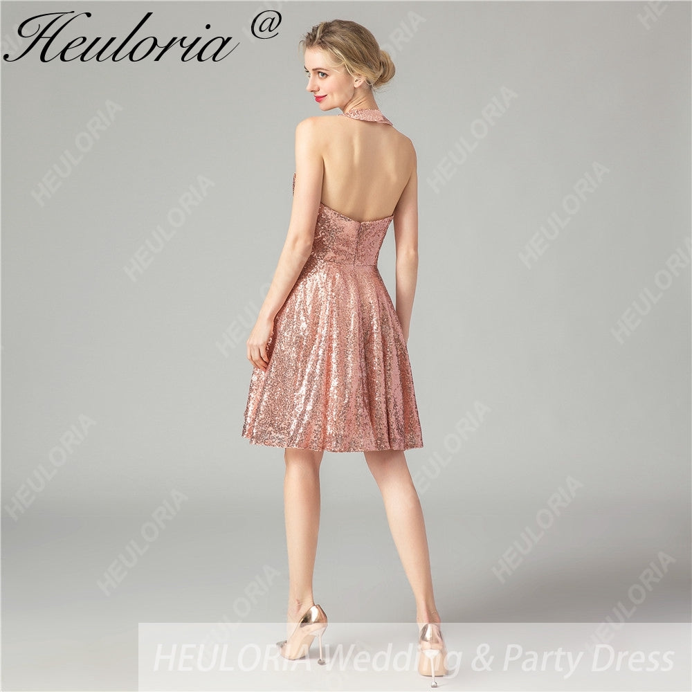 HEULORIA Sparkling Rose Gold Sequin Halter Neck Cocktail Dress - Open Back A-Line Mini Party Gown ED-68 Imagen secundaria del producto