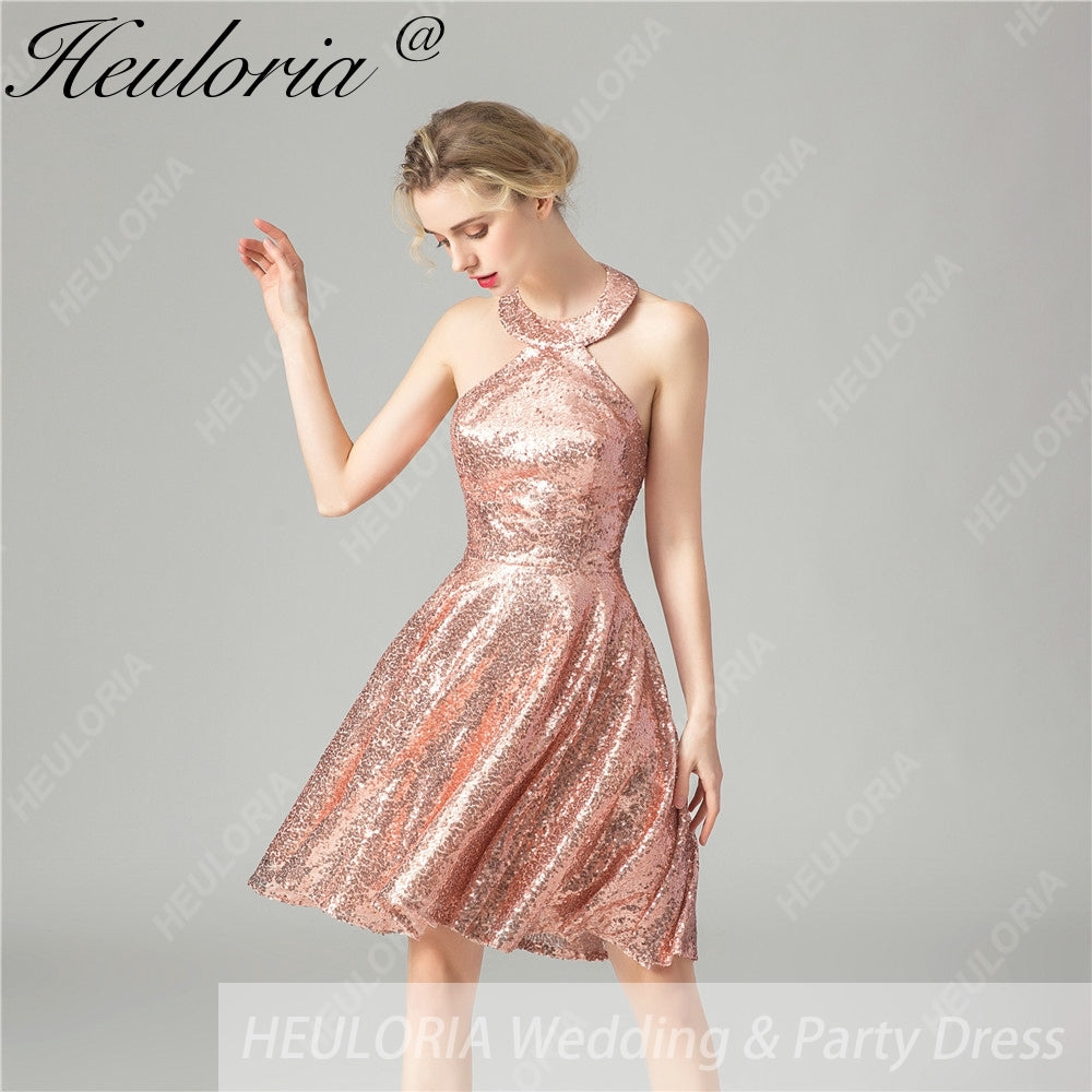 HEULORIA short evening dress halter neck sparky sequin tulle party dress formal dress ED-68 Image secondaire du produit
