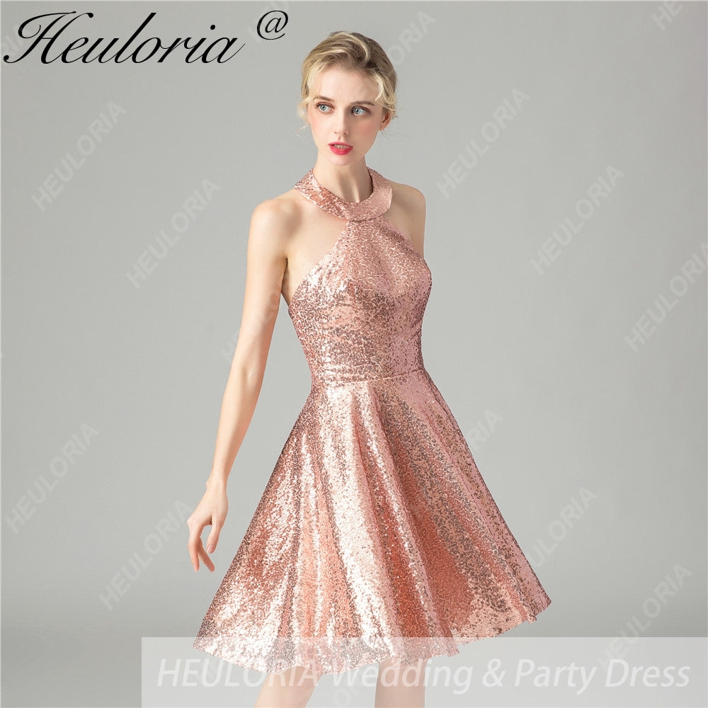HEULORIA short evening dress halter neck sparky sequin tulle party dress formal dress ED-68 Image principale du produit