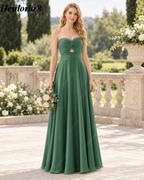 HEULORIA Dark Green Strapless Satin A-Line Bridesmaid Dress with Ruched Cutout Bodice – ED-265