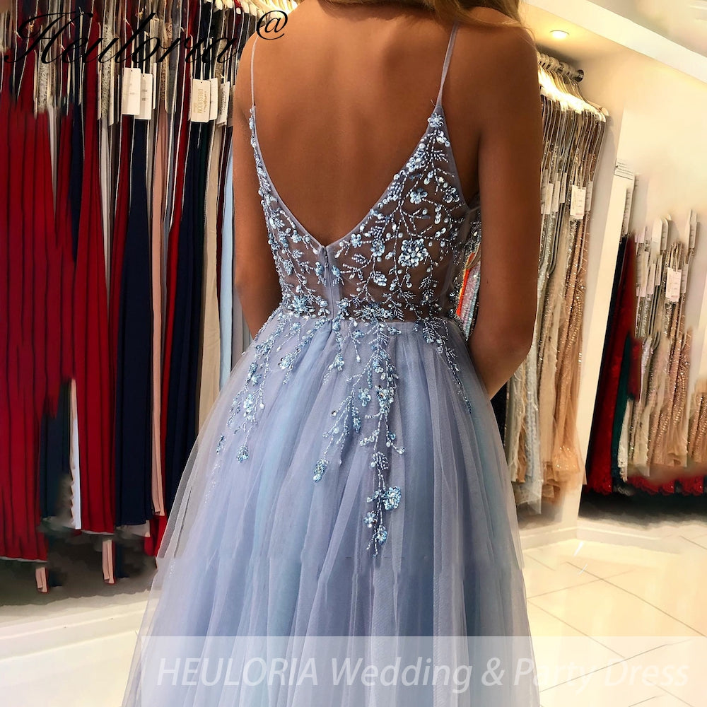 Elegant A-Line Evening Dress Sleeveless Tulle Dress Split Sequins Beading Sweep Train Wedding Guest Dress 2025 Free Customized