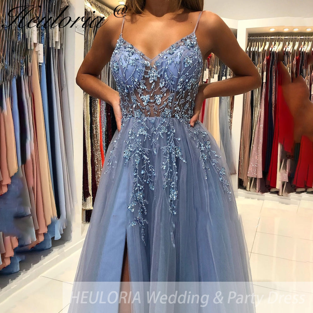 Elegant A-Line Evening Dress Sleeveless Tulle Dress Split Sequins Beading Sweep Train Wedding Guest Dress 2025 Free Customized Immagine secondaria del prodotto