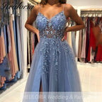Elegant A-Line Evening Dress Sleeveless Tulle Dress Split Sequins Beading Sweep Train Wedding Guest Dress 2025 Free Customized
