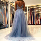 Elegant A-Line Evening Dress Sleeveless Tulle Dress Split Sequins Beading Sweep Train Wedding Guest Dress 2025 Free Customized