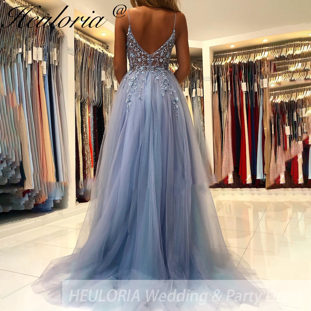 Elegant A-Line Evening Dress Sleeveless Tulle Dress Split Sequins Beading Sweep Train Wedding Guest Dress 2025 Free Customized