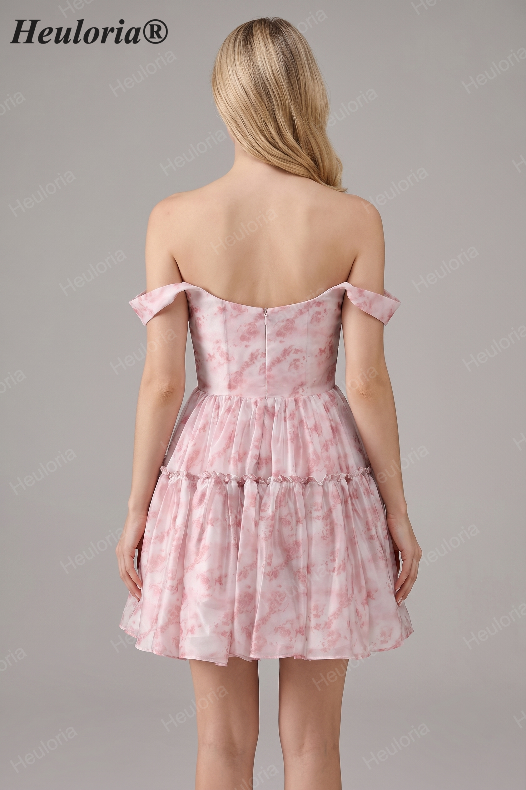 HEULORIA Ethereal Watercolor Floral Off-the-Shoulder Tiered Mini Dress ED-600
