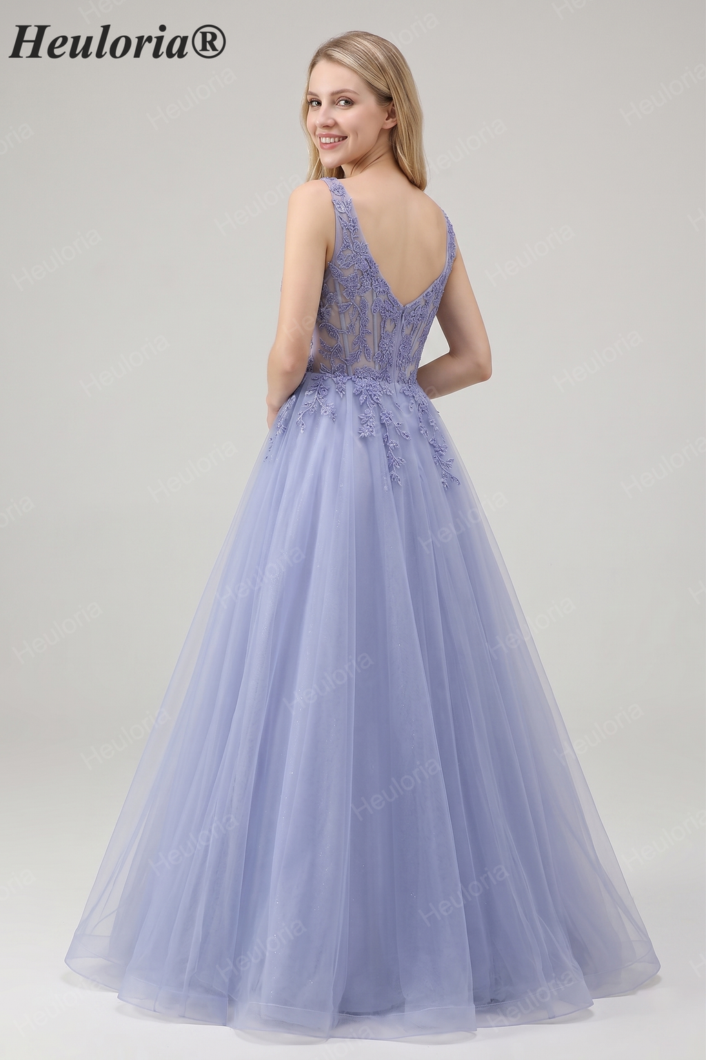 Heuloria Romantic Square Neck Lavender Lace A-Line Tulle Prom Dress with Illusion Corset Bodice ED-502