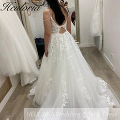 HEULORIA Spaghetti Straps a line Wedding Dress Lace bridal dress with beading tassel plug v neck Customized AL-915
