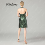 HEULORIA Emerald Green Sequin Halter Mini Dress - Cutout & Cutaway Shoulders Party Dress ED-67