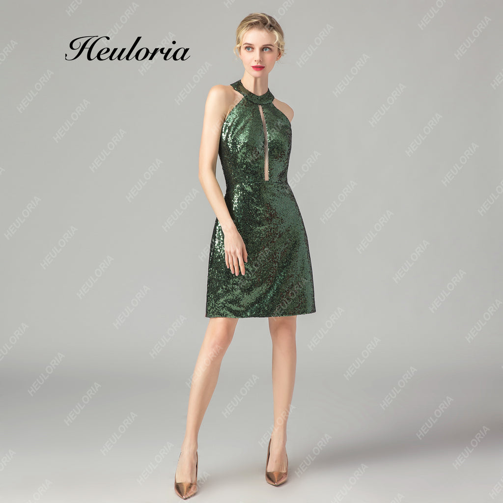 HEULORIA Emerald Green Sequin Halter Mini Dress - Cutout & Cutaway Shoulders Party Dress ED-67