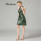 HEULORIA Emerald Green Sequin Halter Mini Dress - Cutout & Cutaway Shoulders Party Dress ED-67