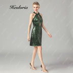 HEULORIA Emerald Green Sequin Halter Mini Dress - Cutout & Cutaway Shoulders Party Dress ED-67