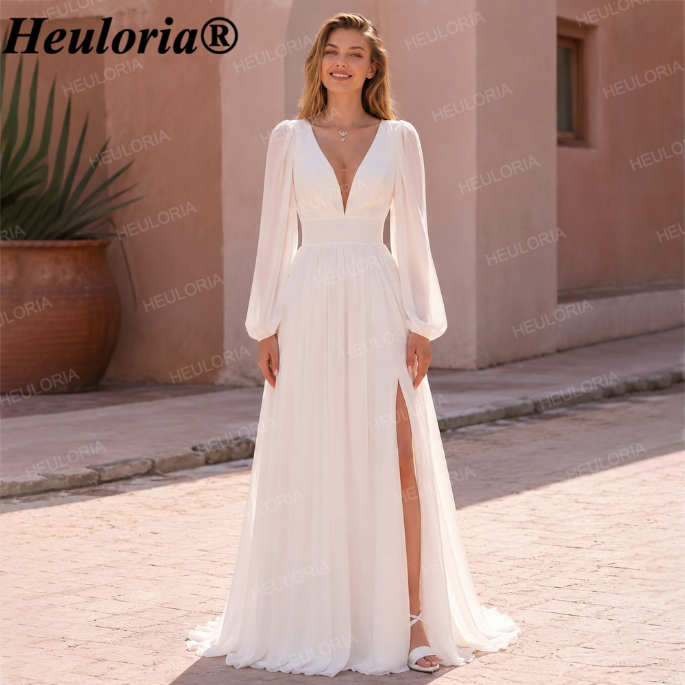 HEULORIA Elegant Deep V-Neck Chiffon Boho Wedding Dress with Long Bishop Sleeves & Slit AL-QK199 Main image
