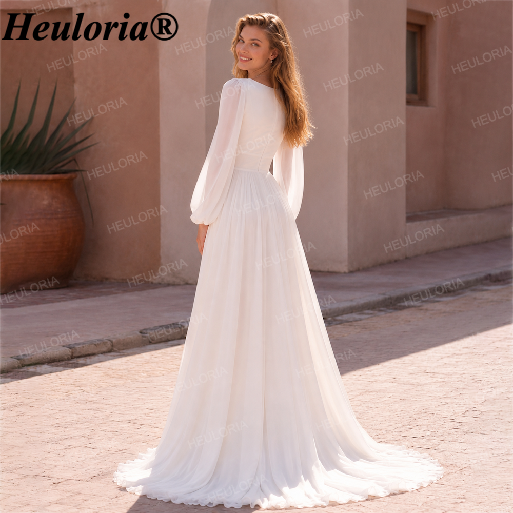 HEULORIA Elegant Deep V-Neck Chiffon Boho Wedding Dress with Long Bishop Sleeves & Slit AL-QK199 Secondary image