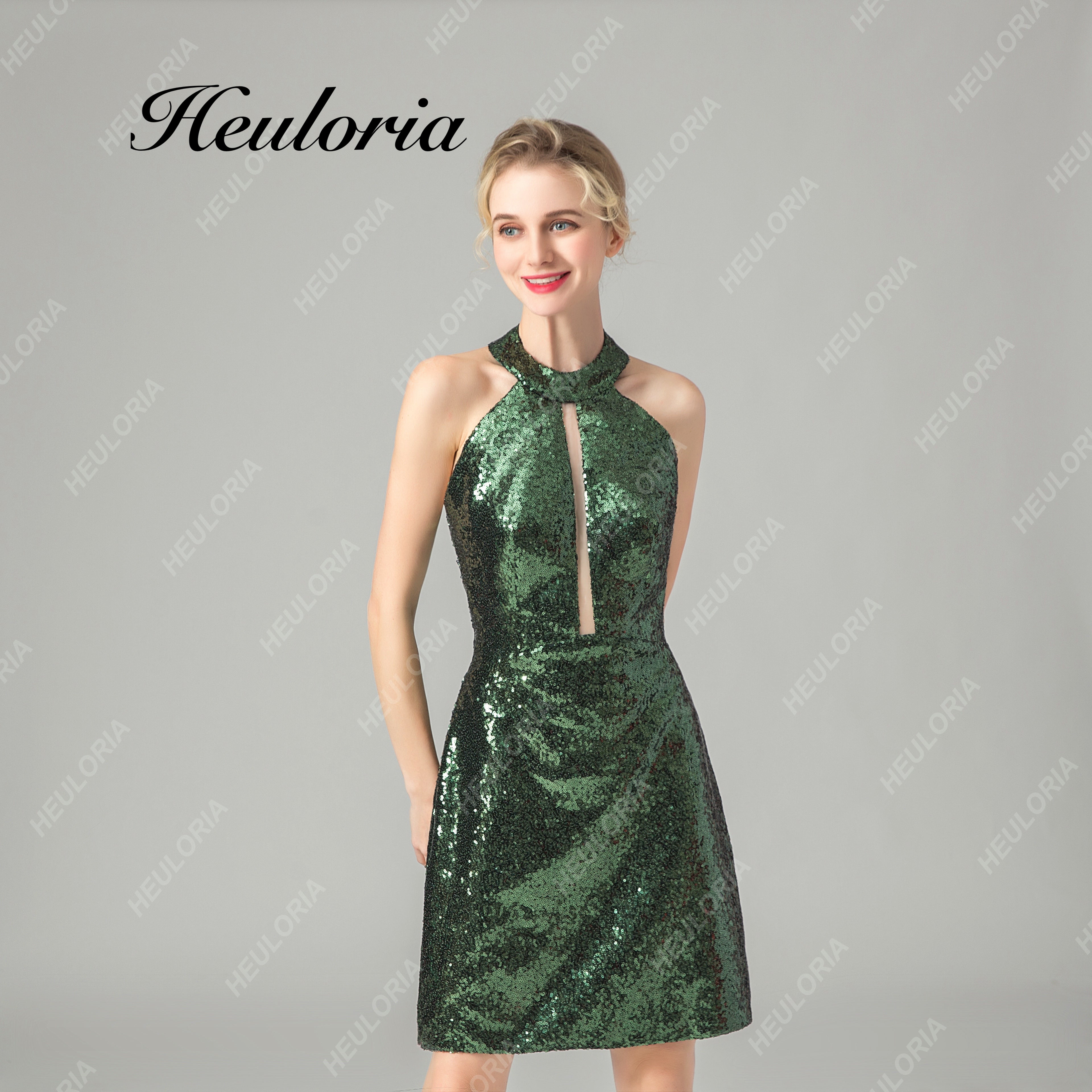 HEULORIA Emerald Green Sequin Halter Mini Dress - Cutout & Cutaway Shoulders Party Dress ED-67