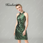 HEULORIA Emerald Green Sequin Halter Mini Dress - Cutout & Cutaway Shoulders Party Dress ED-67