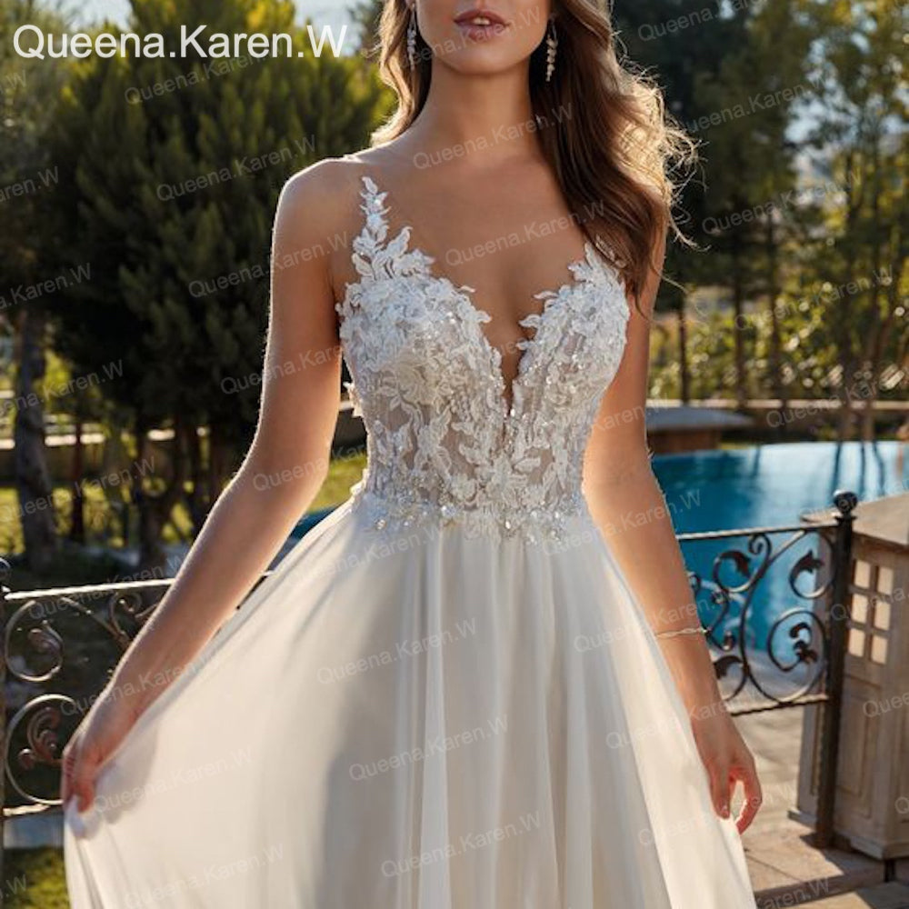 HEULORIA  elegant A line wedding dress Spaghetti Strap crepe lace chiffon bridal dress Robe De Mariee Wedding Bride Dress AL-QK45