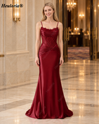 HEULORIA Burgundy Satin Mermaid Evening Dress with Draped Cowl Neck and Lace-Up Corset Back ED-578