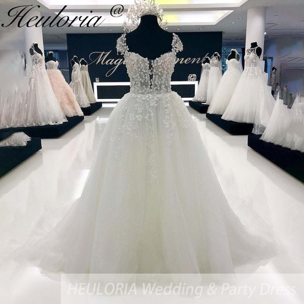 HEULORIA Sparkly Glitter A Line Lace Boho Wedding Dresses sweetheart 3D floral bridal dress vestidos de novia Customized AL-924