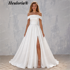 HEULORIA Elegant Off-the-Shoulder Satin A-Line Wedding Dress with High Slit & Corset Back AL-221
