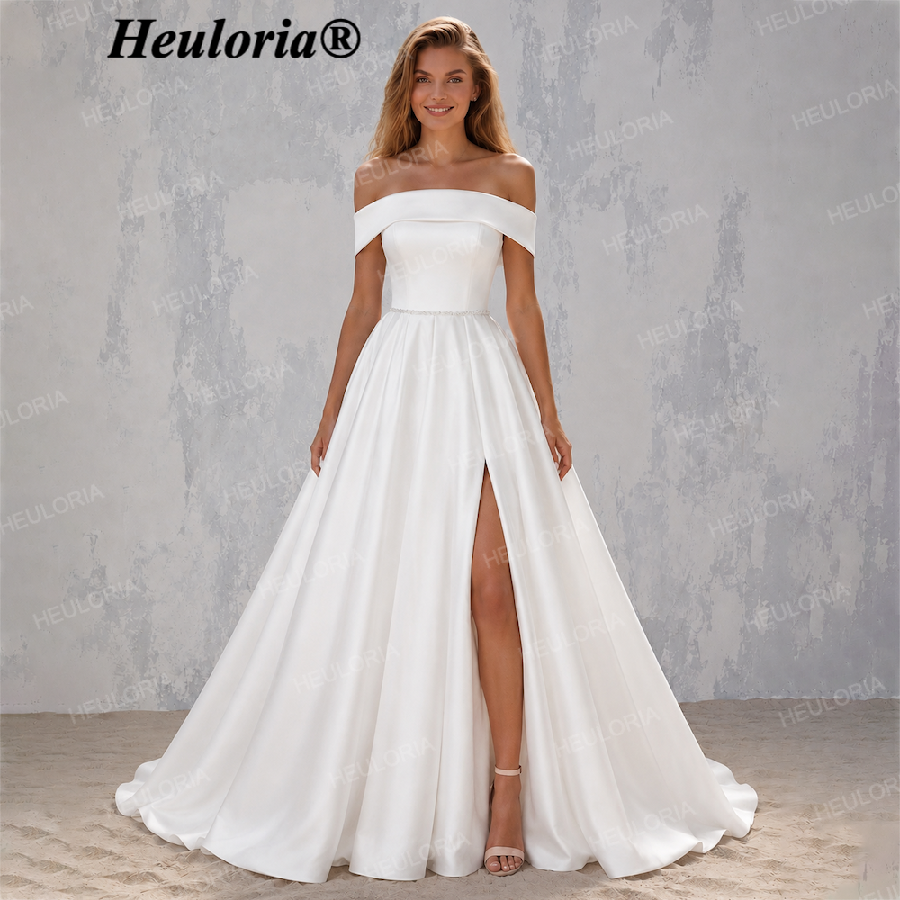HEULORIA Elegant Off-the-Shoulder Satin A-Line Wedding Dress with High Slit & Corset Back AL-221