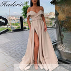 Off The Shoulder Satin Evening Dresses High Split Sexy With Pockets Lace Up Back Vintage Long Prom Dresses Wedding Party Gowns