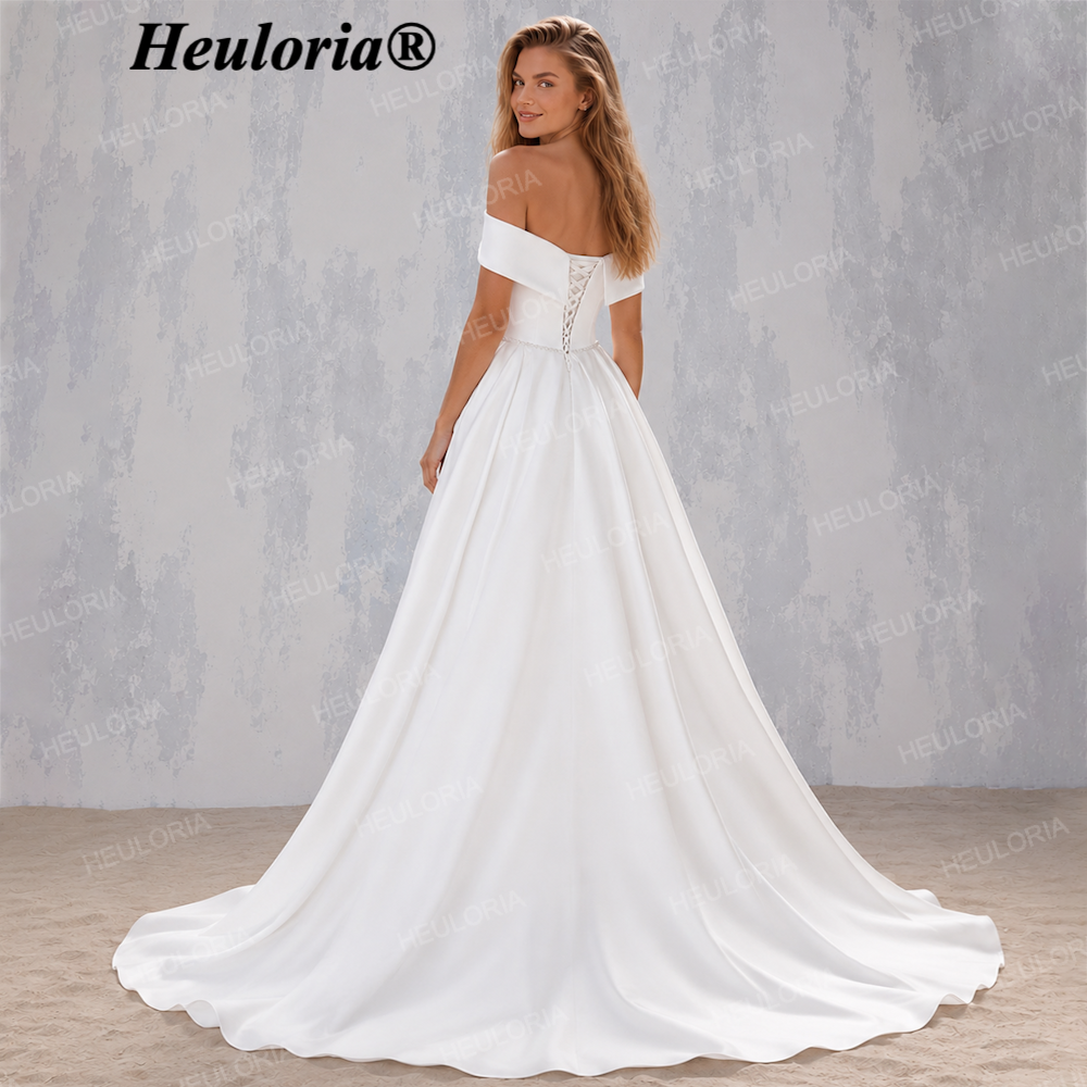 HEULORIA Elegant Off-the-Shoulder Satin A-Line Wedding Dress with High Slit & Corset Back AL-221 Secondary image