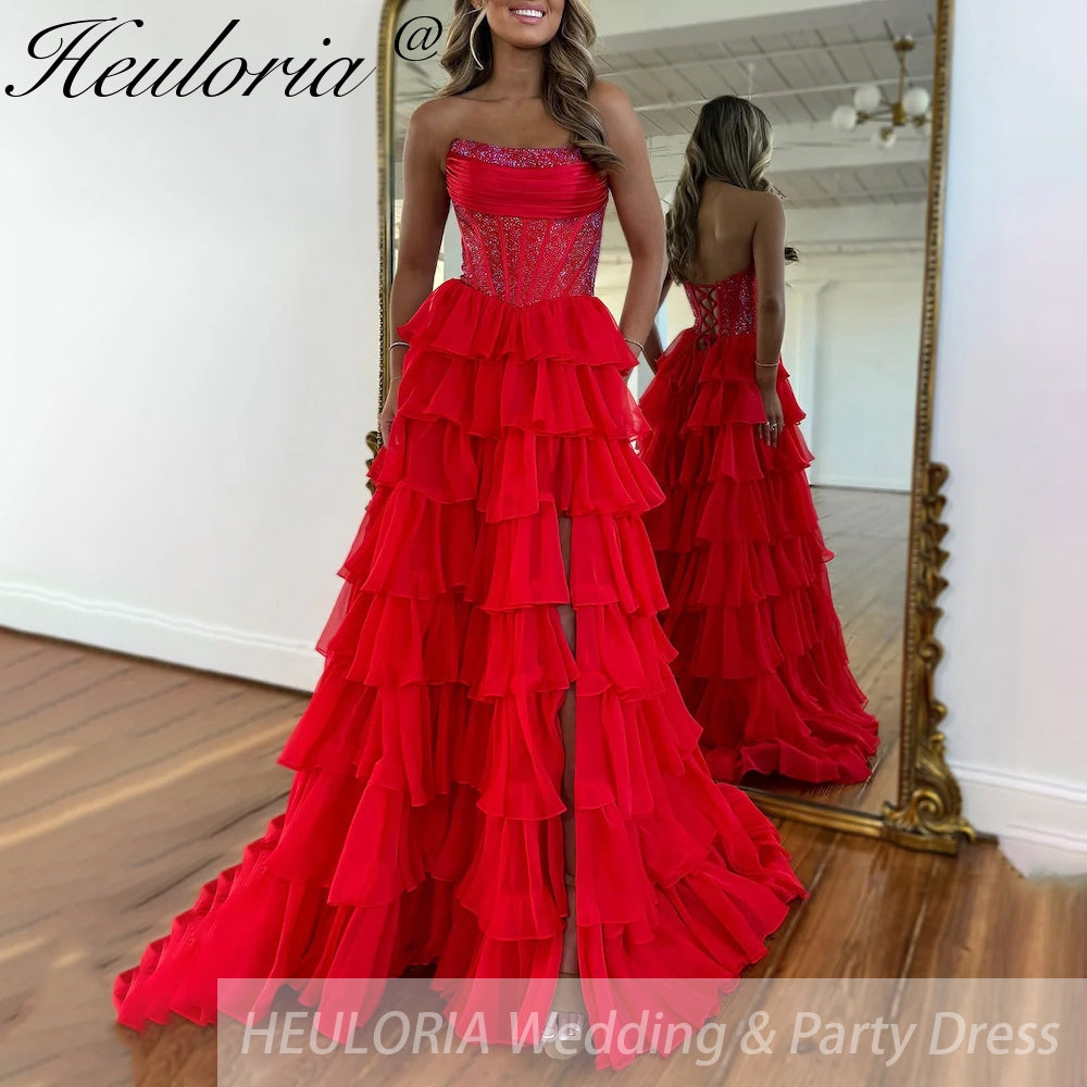 Sexy Strapless evening dress Chiffon Blue Tiered Ruffles with Slit Crystal A-Line Lace-upParty Gowns Customized