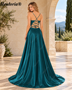 HEULORIA Peacock Green V-Neck Lace Satin A-Line Prom Dress – ED-345