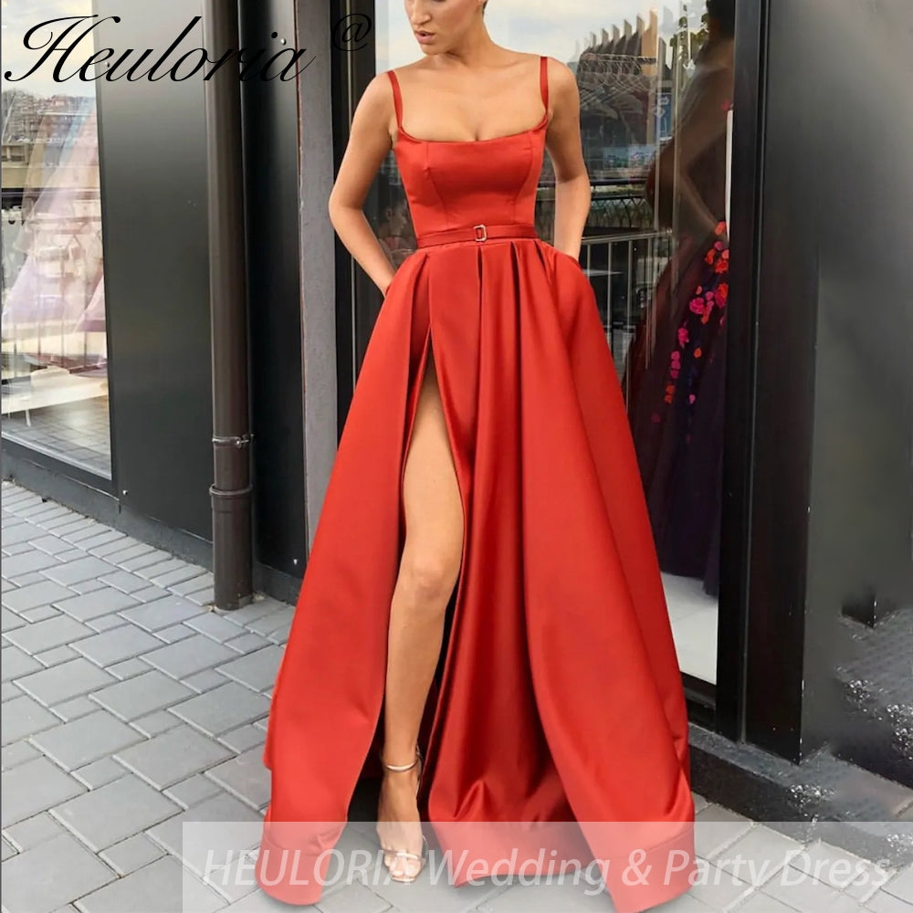 Spaghetti-strap Prom Dresses 2025 Satin Sleeveless V-Neck A-line with Pocket Pleated Side Split Floor-Length Customized
