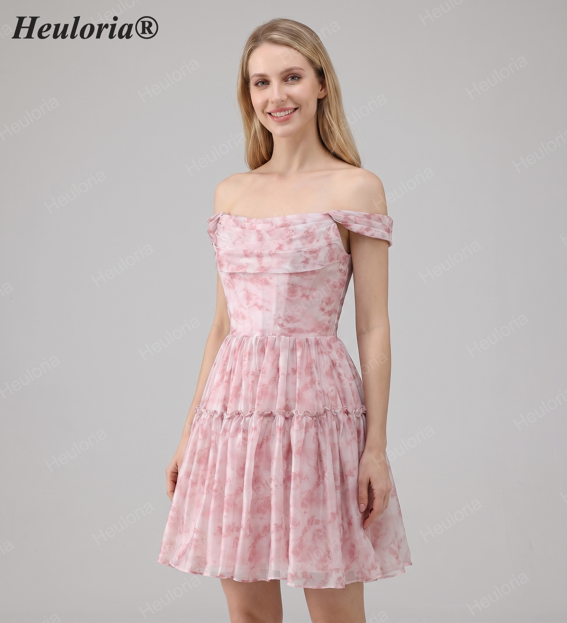 HEULORIA Ethereal Watercolor Floral Off-the-Shoulder Tiered Mini Dress ED-600 Imagen secundaria del producto