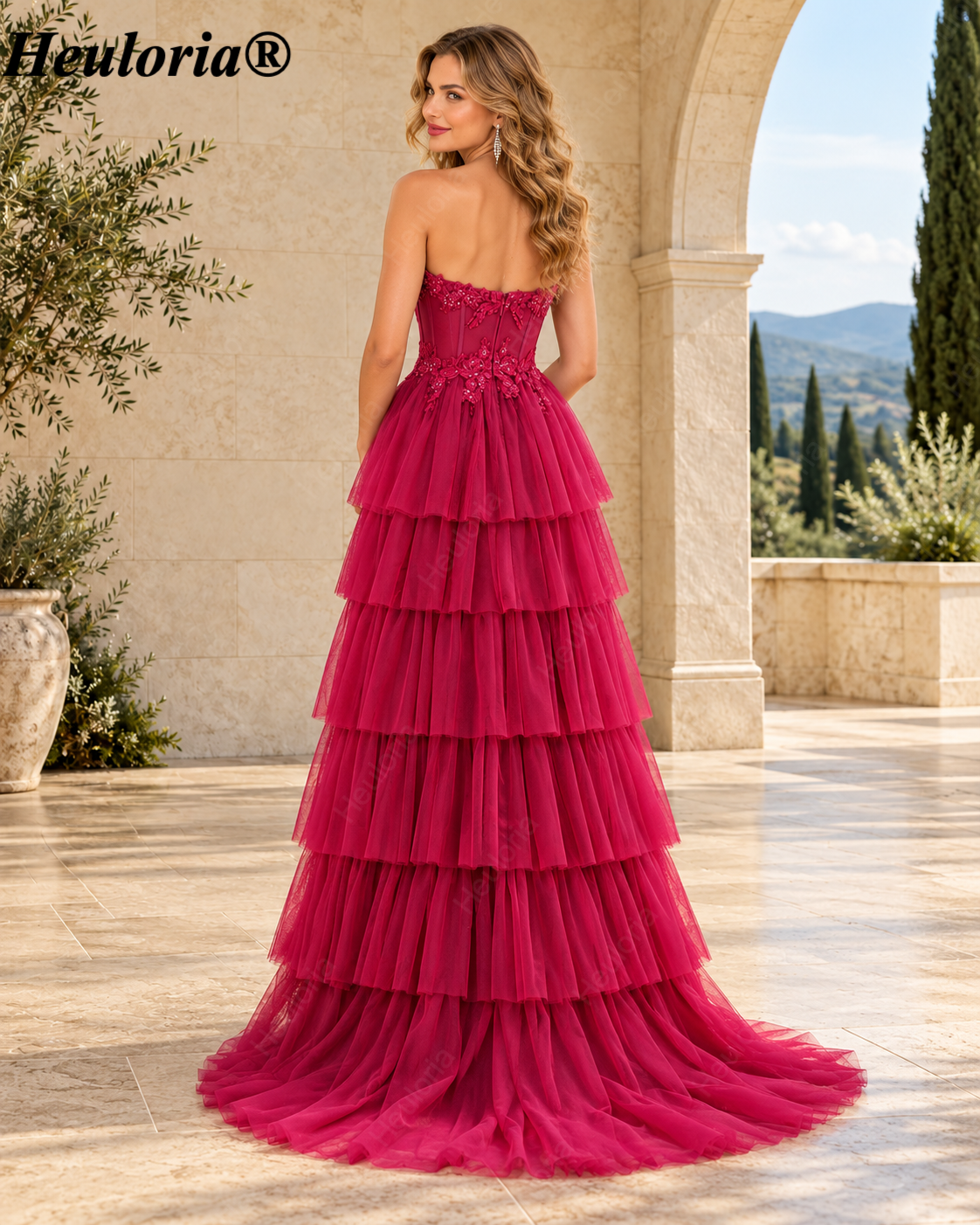 HEULORIA Fuchsia Strapless Beaded Corset Tiered Tulle A-Line Prom Dress – ED-224 Imagen secundaria del producto