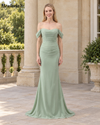 Heuloria Sage Green Off-Shoulder Ruched Chiffon Mermaid Bridesmaid Dress ED-654
