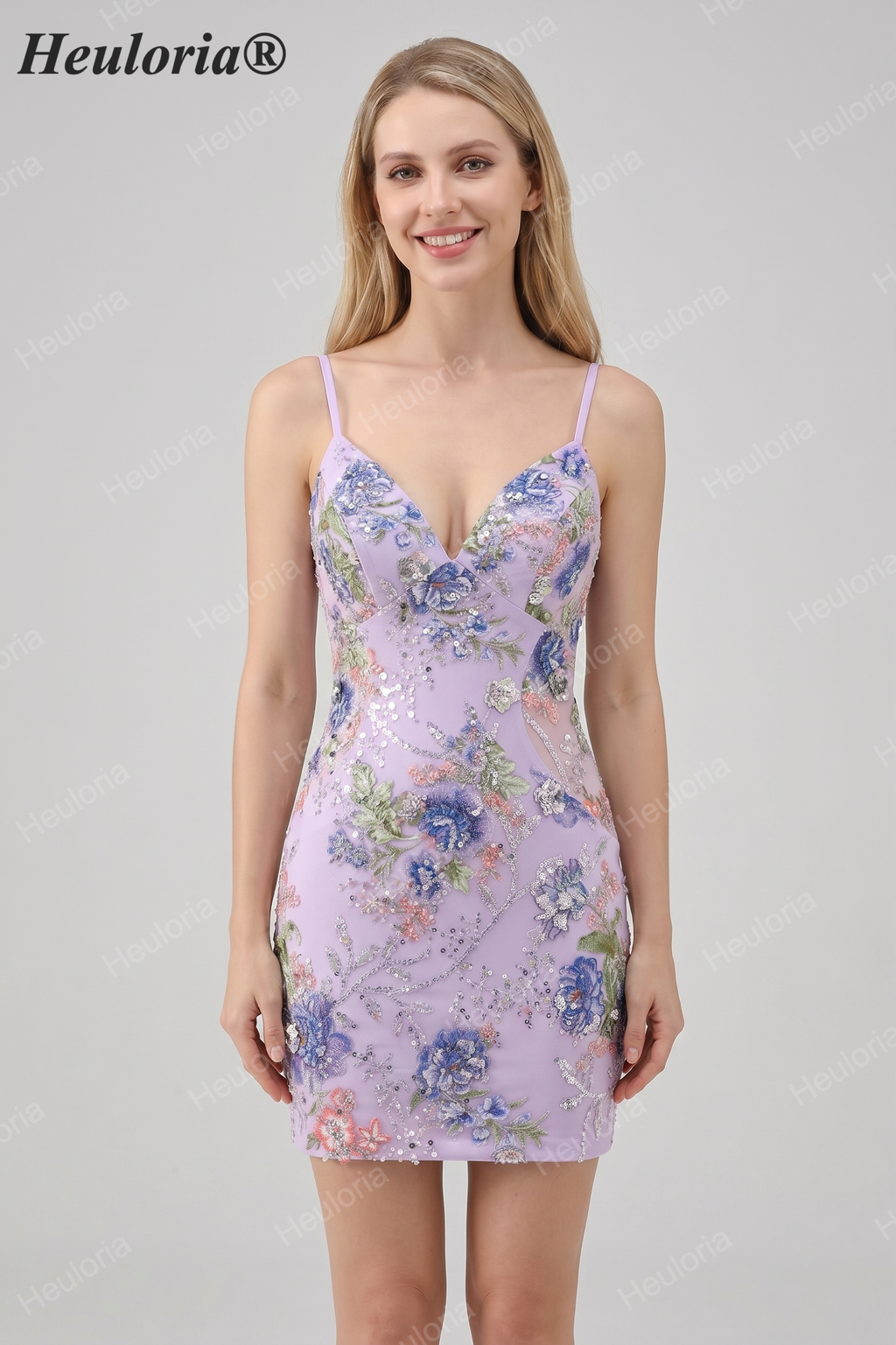 HEULORIA Floral Embroidered Sequin Bodycon Mini Dress with Sheer Mesh Cut-outs and Lace-Up Back ED-597