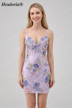 HEULORIA Floral Embroidered Sequin Bodycon Mini Dress with Sheer Mesh Cut-outs and Lace-Up Back ED-597