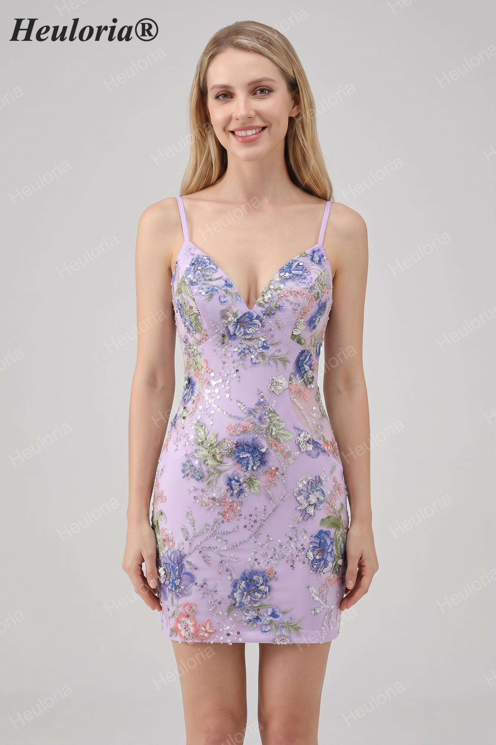 HEULORIA Floral Embroidered Sequin Bodycon Mini Dress with Sheer Mesh Cut-outs and Lace-Up Back ED-597