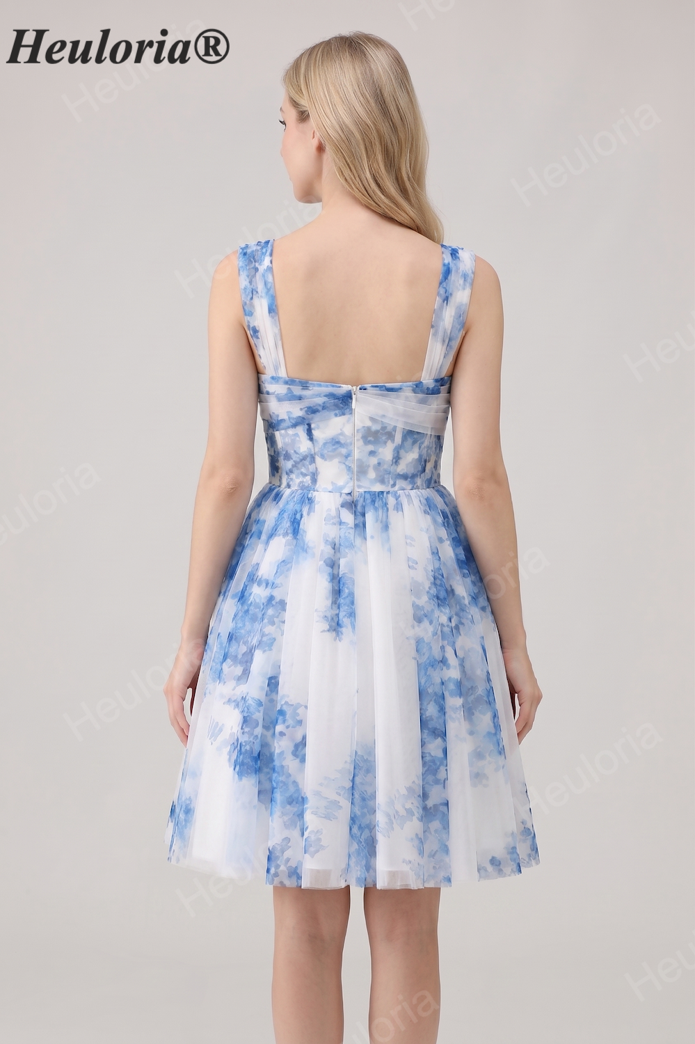 HEULORIA French Chic Blue and White Floral Tulle Mini Party Dress - Convertible Off-the-Shoulder A-Line Cocktail Gown ED-656 Imagen secundaria del producto