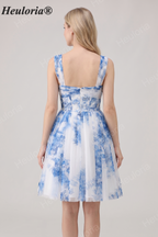 HEULORIA French Chic Blue and White Floral Tulle Mini Party Dress - Convertible Off-the-Shoulder A-Line Cocktail Gown ED-656